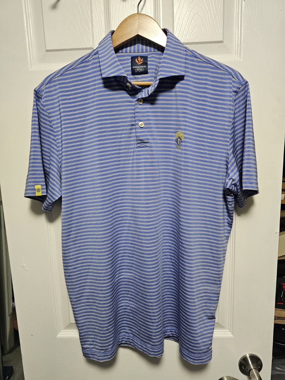 Donald Ross Golf Polo Short Sleeve Shirt Blue Striped Men's L Country Club Logo